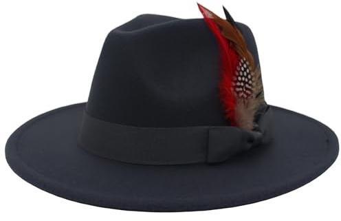 Women Men Retro Fedora Feather Decor Hat Wide Brim Wool Felt Cap Jazz Hat Panama Floppy Elegant Hat Party Wedding (A-Black, ONE Size)