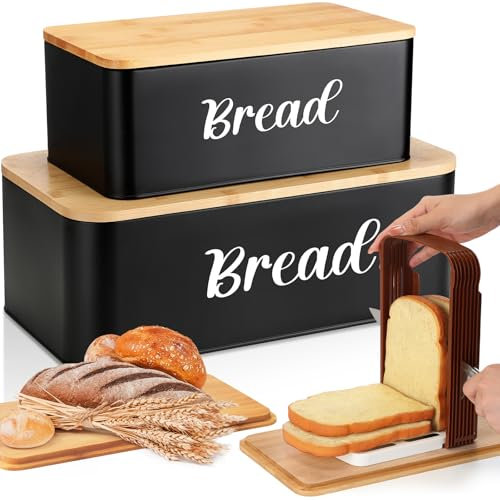 Teenyyou 2 Pcs Extra Large Bread Box for Kitchen Counter with Slicer, Black