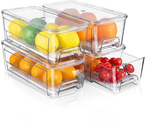 Large Fridge Organizer Drawers, 4 Pack Clear Pull-Out Refrigerator Organizer Bins, Stackable Fruit and Vegetable Storage Containers for Kitchen, Refrigerator, Pantry