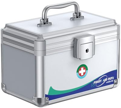 Uniclife Medicine Lock Box First Aid Box with Key Lock & Handle Portable Medication Lock Boxs Metal Lockable 25.4 x 15.2 x 16.5 cm