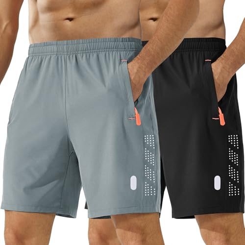 kuzwufs Pantalon Corto Hombre Deporte Paquete De 2 Correr Deportivos Pantalon Corto De Secado Rápido Shorts con Bolsillos De Cremallera Negro/Gris Claro-L