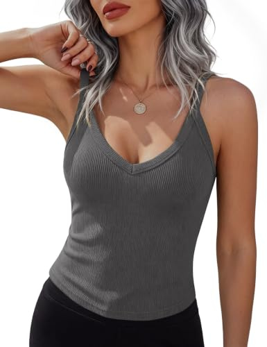 Lonya kvinnor toppar sommar sexig tank top ribbad magtröja Y2k v-ringad bas gå ut väst, Mörkgrått, L
