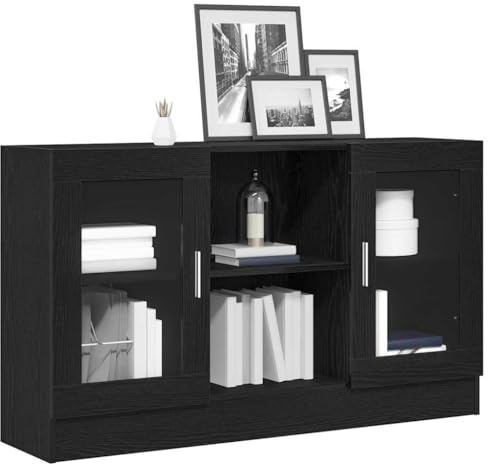 vidaXL Modern svart ek sideboard för matsalsförvaring med 6 fack | Hållbart konstruerat trä och glas samtida möbler enkel montering krävs enhet stiligt buffé