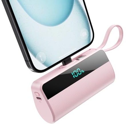 Batterie Externe pour iPhone, 5500mAh Mini Power Bank avec Câble USB C Intégrés, 20W PD Charge Rapide Chargeur Portable Écran LCD Batterie Portable Compatible avec iPhone 16/15/14/13/12/11-Blanc nacré
