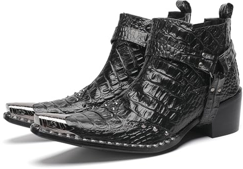 Santimon Men's Designer Leather Chelsea Boots with Metallic Detail - Snakeskin, Abstract Print - Fashionable Ankle Cowboy Boots with Studs and Straps for Casual, Party,Bar & Dressy Black-A 10 US