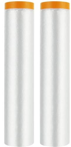 2-Pack Plastic Dust Sheet Rolls with Self-Adhesive Tape, 2.7M x 20M Drop Film Pre-Taped Masking Film, Plastic Dust Sheet Cloth for Painting Car Wall Furniture Windows Doors and Spraying Protection