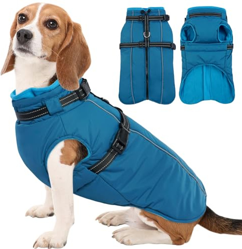 Kuoser Hundemantel für Mittelgroße Hunde Winter, wasserdichte Hundejacke mit Geschirr, Warmer Wintermantel Hund mit Fleecefutter, Fleecemantel Hundepullover Blau M