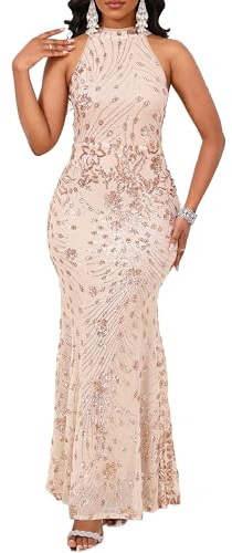 VERWIN Damen ärmelloses Neckholder-Kleid mit Meerjungfrauen-Ausschnitt, figurbetont, Abendkleid, Party, Abschlussball, Cocktail, Maxikleid mit Pailletten, Champagner, Mittel