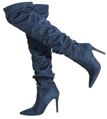 Ceciloroda Femmes's Thigh Bottes Hautes Blue Slouchy Ruched Wide Calf Fall Chaussures Bout Pointu Pull On Dressy OverBottes au Genou Talons Aiguilles Size 36