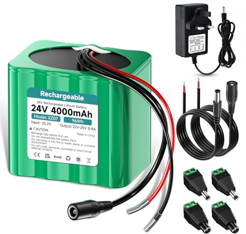 Mspalocell 24V Battery 4000mAh Lithium Rechargeable Battery, Max 120w Output, with Charger & Plug Adapter & Connection Line, for 24V Devices, Solar Panel/Diy/Toy Train Boat/Toy Car