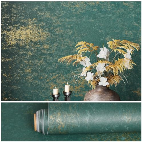 VEELIKE Papier Peint Effet Beton Vert Or Papier Peint Métallique Or Bleu Sarcelle 40 cm × 300 cm Revetement Plan de Travail Cuisine Lavable Papiers Peints Industriel Vintage Salon Chambre Loft