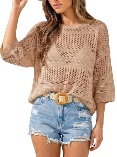 CUPSHE Damen Strandtunika Häkel Oberteil Bikini Cover Up Netzshirt Überwurf Halbarm Lockerer Sommer Strandpullover