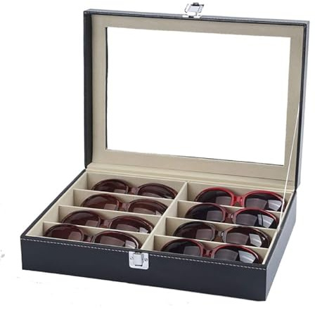 KingSaid Caja Organizadora de Gafas con Tapa de Cristal y Cajones – Estuche Expositor de Gafas de Sol y Joyas, Cuero Sintético Premium, Gran Capacidad, para Hombre y Mujer (Una planta)