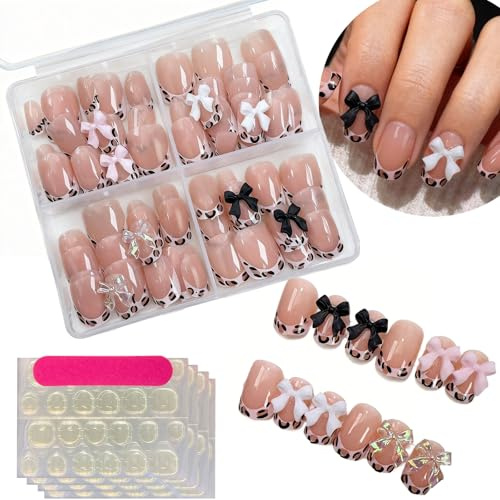 96-Piece Short Square False Nails, Pink Leopard French Tips With Bows | Glossy Finish, Multiple Sizes, Clear Adhesive Tabs, 1 Nail File And Compartmented Storage Case, For Daily Wear And Weddings