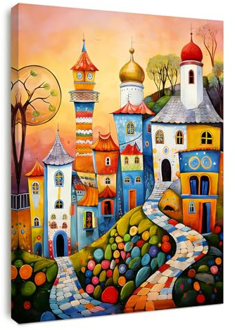 Alptiny Wandbild mit Rahmen 30x40 cm, Bunte Häuser Wandkunst, Leinwanddruck für Wohnzimmer Schlafzimmer und Büro, Moderne Wanddeko mit Klettband