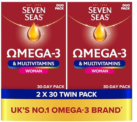 Seven Seas Omega-3 & Multivitamins Woman, with Biotin & Iron, 60 Omega-3 Capsules + 60 Multivitamins Tablets, 2 Months Supply (2X 30 Days Twin Pack), with Educational Leaflet