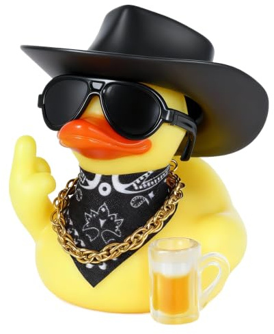 Gummi Ente Auto Deko,Gummi-Armaturenbrett-Ente,Cowboy-Ente Ornamente mit Cowboyhut Sonnenbrille Goldkette und Flasche,lustiges Badespielzeug Floater Quietscheente für Auto, Büro, Zimmer Dekoration