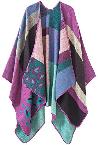 Womens Reversible Oversized Blanket Poncho Cape Shawl Cardigans (One Size, Leopard/Purple)