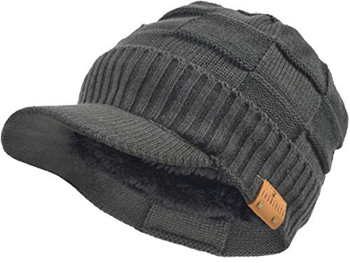 Uomo Maglia Visiera Beanie Vello Foderato Polsino Inverno Giornaliero Cappellino (Plaid Grigio)