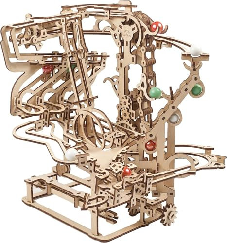 UGEARS Holz Marble Run Chain Hoist - Mechanische 3D Holzpuzzle für Erwachsene, DIY Modellbausatz für Erwachsene, Einzigartige Puzzle - 3D Puzzle Murmelspiel Geschenke - 400 Stücke