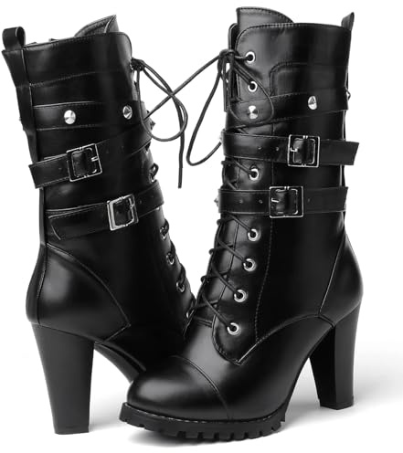 Susanny High Heel Boots for Women,Womens Platform Boot Heels Sexy Round Toe Lace UP High Heels Mid Calf Boots