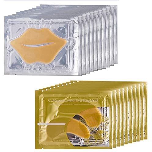 10 par 24K guldkollagenögonmasker och 10 st läppmasker set – ta bort ögonväskor och mörka cirklar, premium anti-åldrande anti-rynkor fuktande ögonmasker.