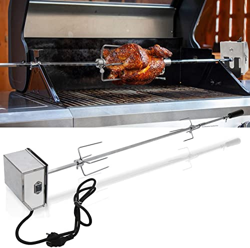 Randaco Set de brochettes pour barbecue 107 cm - Avec moteur en acier inoxydable (220 V - 240 V) et 2 aiguilles à viande, tournebroche en acier inoxydable, rotation universelle