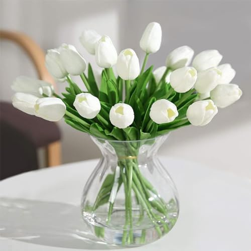 DEEMEI Tulips Artificial Flowers 20 Pcs White Fake Tulip Stems Real Touch PU Tulips for Easter Spring Wedding Bouquet Home Centerpiece Floral Arrangement Table Décor