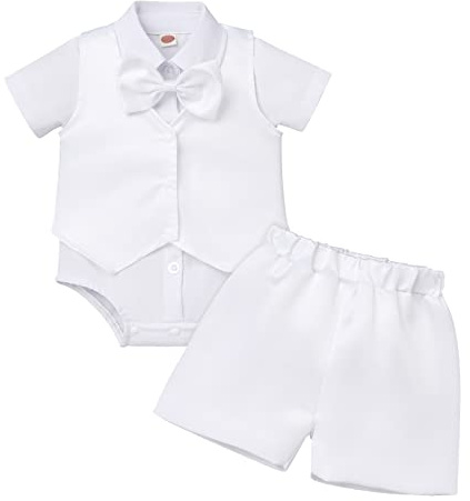IWEMEK Bébé Garçons Gentleman Vêtements Tenue Chemise Barboteuse Manches Courtes Gilet Nœud Papillon Pantalon Costume Baptême Fête Anniversaire Cérémonie Mariage Ensemble Été Blanc 12-18 mois