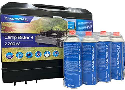 FCI Campin gaz Camp Bistro CP250 - Hornillo de camping con 3 fuegos, 2200 W de potencia y 4 cartuchos Bistro CP250, incluye maletín de transporte