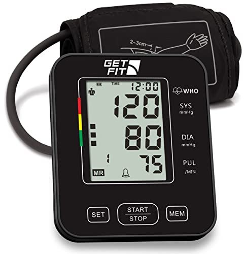 Get Fit Tensiómetro para Uso Doméstico - Tensiómetro Médico de Brazo - Pulsómetro - Memoria 2x99 - Brazalete Grande para Adultos - Esfigmomanómetro con Pantalla LCD - Negro - 22-32cm