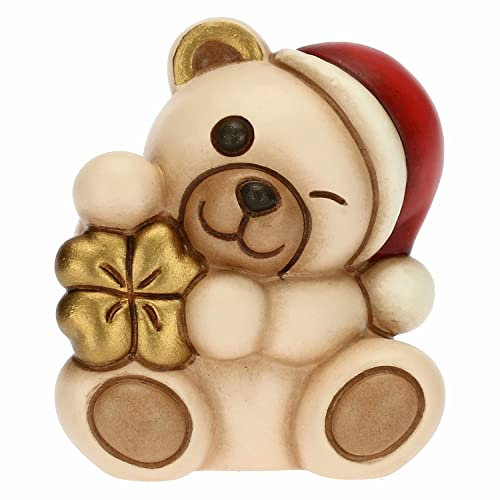 THUN - Natale 2022 - Soprammobile Mini Teddy con Quadrifoglio Portafortuna in Ceramica Decorata a Mano - Idea Regalo Natale 2022-5x4.3x5.5 cm h