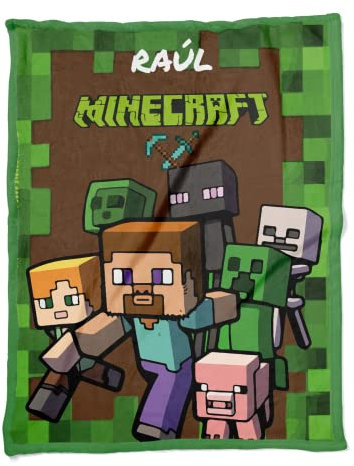 ZPUBLI+ Manta Personalizada con Nombre y Texto. Regalo Original para Navidad, cumpleaños, Regalo Infantil, Baby Shower. Manta Invierno Suave y Duradera. (Minecraft 2)
