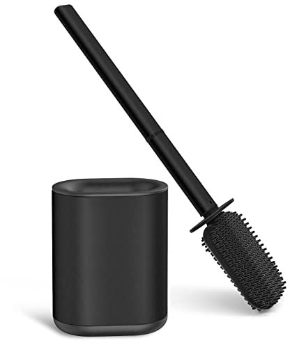Cosicosy Toilet Brush, Stainless Steel Silicone Toilet Brush and Holder Flexible Soft Silicone Toilet Brush for Deep Cleaning with Long Handle Wall Mounted Black, 27 * 19 * 9cm (004-BL-UK)