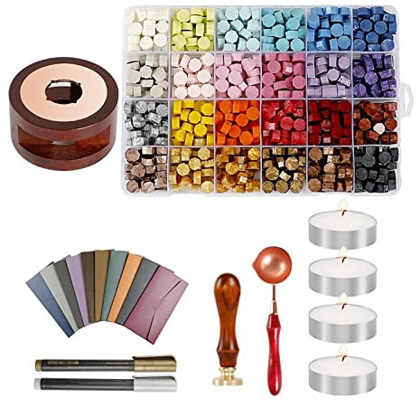 Luzhengyang Siegelwachs-Set mit Wachssiegelperlen, Wachssiegelwärmer, Wachslöffel und Teelichter für Wachsstempel, Buchstabensiegel, 20 Stück