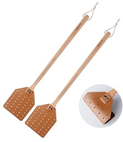 DEBETOOL Fliegenklatsche aus Holz, Leder, mit robustem Griff, 2 Stück | Manuelle Fliegenklatsche mit Seil zum Aufhängen für drinnen und draußen