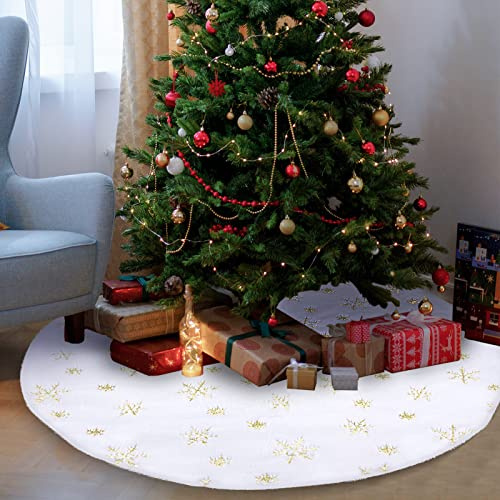 Hukermoon Jupe de Sapin de Noël, 78 CM Tapis Sapin Noël Blanc, Pieds de Sapin de Noël, Peluche Jupe Arbre de Noël, Décorations d'arbre de Noël, Couvre-Pied de Sapin Blanc pour Fêtes de Noël (Or, 78)
