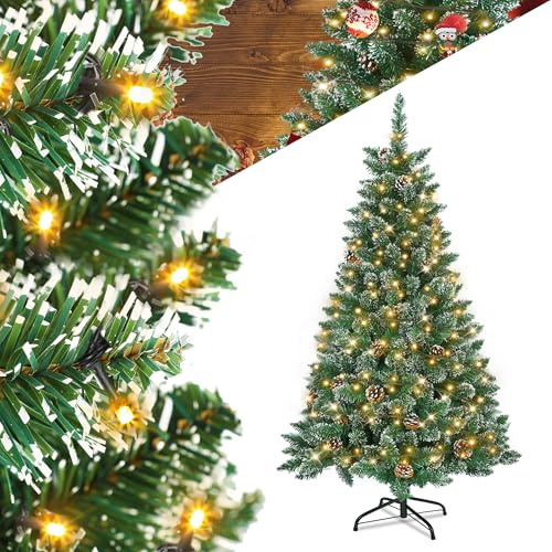 YRHome Sapin de Noël Artificiel 180cm avec Éclairage Effet Neige & Pommes de Pin LED PVC Vert avec Support pour Décoration de Noël