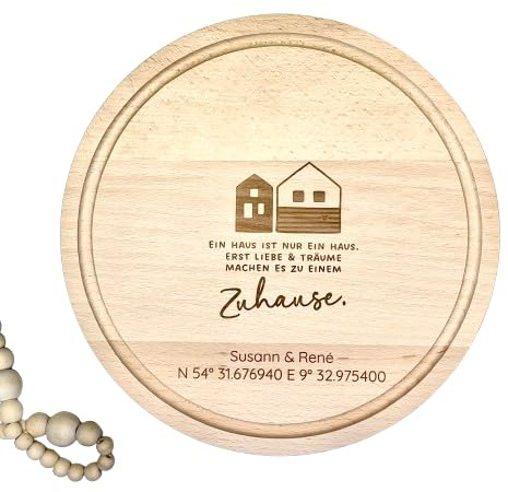 Frühstücksbrett Zuhause personalisiert mit Namen und Koordinaten | Einzugsgeschenk, Haus, Richtfest, Wohnung, Erste Wohnung, Hausbau, Holzbrett mit Gravur