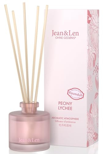 Jean & Len Aromatic Atmosphere Peony & Lychee, natürlich duftender Raumdiffusor, floraler Duft vom Parfümeur, hochwertiger Flakon, Raumduft mit Holz-Duftstäbchen, vegan, 50 ml