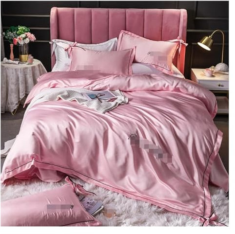DRMEE Bettwäsche Seidenbettwäsche-Sets, Bettbezug, Doppel-Satin, Weich, 4-teiliges Bettdeckenbezug-Set, Bettlaken Für Erwachsene Bettwäsche-Set (Color : Rosa, Size : 1.5/1.8m Bed)