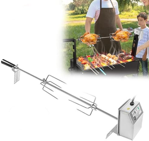 CEEDIR Drehspieß Grillspieß Motor Set Edelstahl für Gasgrill 220-240V Elektrischer Drehspieß Universal Einsetzbar 107cm Grillspieß mit 2er BBQ Fleischnadeln für BBQ Rotisserie Gasgrill Partys