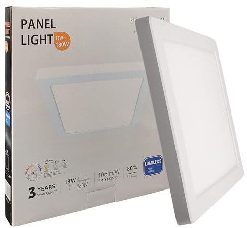 FactorLED Plafón Led Techo Cuadrado Blanco, 18W (180W), 1800Lm, Lámpara Empotrable Ajustable, Opción Superficie y Downlight, Luz Blanca seleccionable 3000K 4000K y 6000K, 217x18mm (18, Vatios)