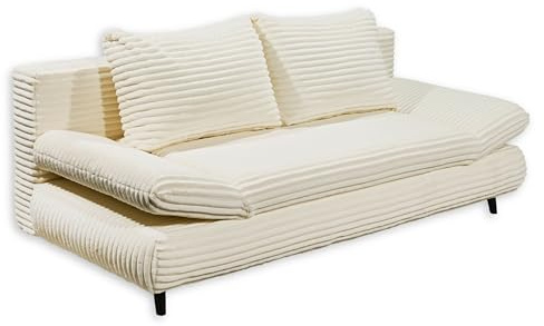 Stella Trading Sunny 2 Bequemes Schlafsofa in Cord-Optik mit Bettkasten, Ivory - Ausziehbares Sofa mit Schlaffunktion und verstellbaren Armlehnen - 212 x 76 (88) x 101 cm (B/H/T)