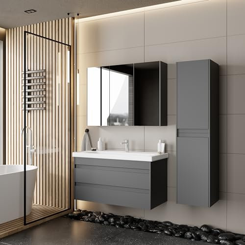 KAREN banyo Badezimmermöbel Set Lara 100 Anthrazit | Keramikwaschbecken | Unterschrank | Spiegelschrank | Softclose-Schubladen & -Türen & unsichtbare Griffe | Moderner Stil | Badmöbel Waschtisch