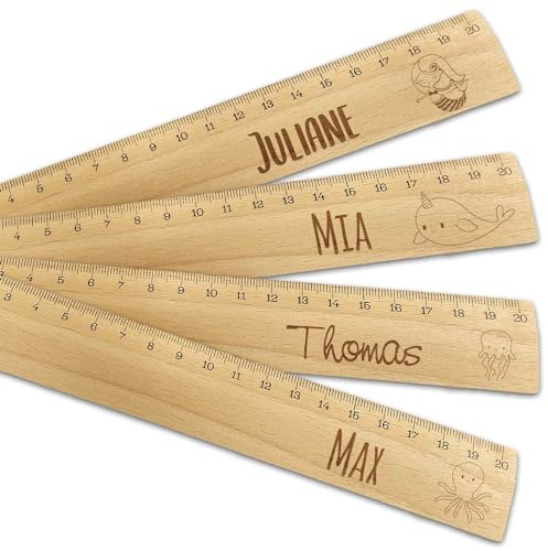 GRAVURZEILE Personalisiertes Lineal mit Gravur zur Einschulung - Meerjungfrau Motive - 20 cm Holz Lineal - Geschenk für den Schulanfang oder zur Schuleinführung - für Jungen und Mädchen