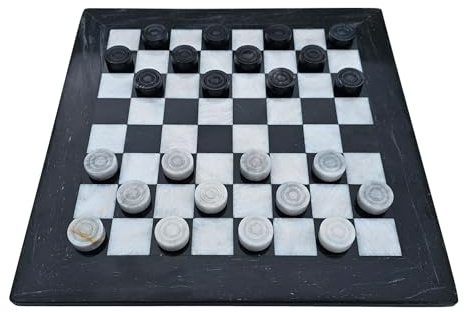 Marmor Dame Spiel, Brett 12 Zoll/ 30 cm inkl. 24er Dame Steine Farbe schwarz und weiß-grau Naturprodukt Handarbeit Geschenkidee