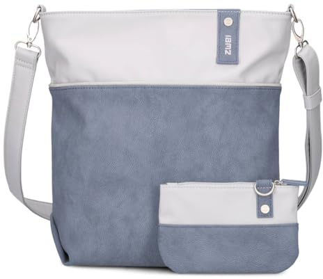 Zwei Damen Umhängetasche Jana J12 Crossbody Bag 9 L Handtasche Bicolor Canvas-Stil passender Kosmetikbeutel extra Schultergurt & Schlüsselband, Schultertasche DIN-A4 passend (nubuk-sky)