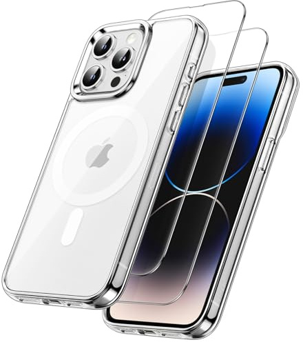JETech Cover Magnetica 3 in 1 per iPhone 14 Pro, Trasparente | 2 Pellicole in Vetro Temperato, Compatibile con MagSafe, Protezione Antiurto, Custodia Bumper TPU Trasparente Resistente