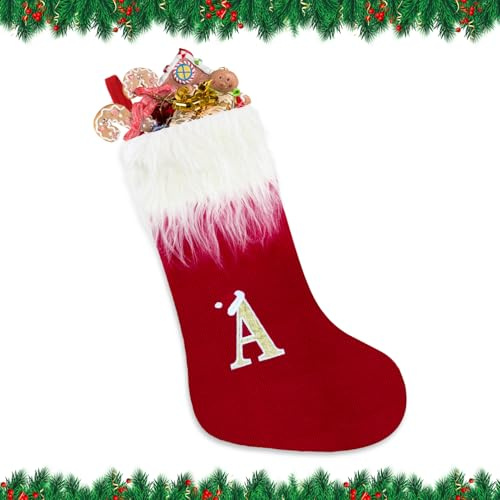 Alederways Christmas Stockings, 22 Red Monogram Knitted Xmas Personalized Embroidered Stockings, Knitted Velvet Xmas Stockings Red Fireplace Hanging Socks for Xmas Gift Christmas Decor (A)